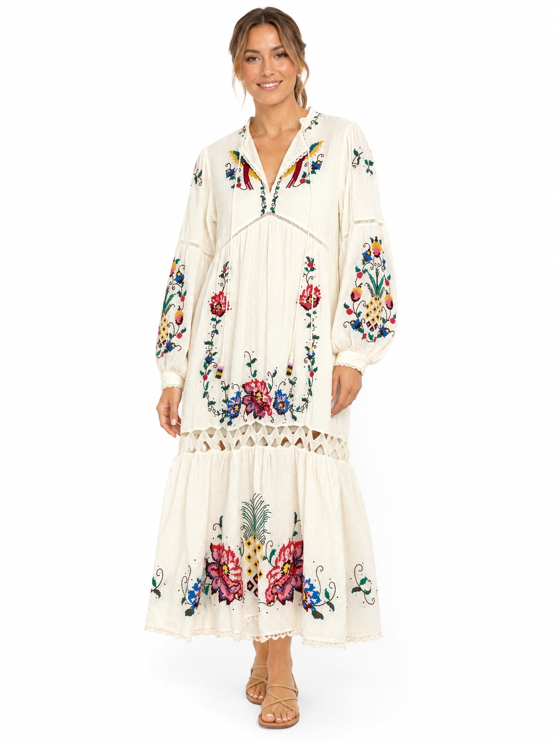 Farm Rio Macaw Cross Stitch Embroidered Maxi Dress Size S White Birds Floral